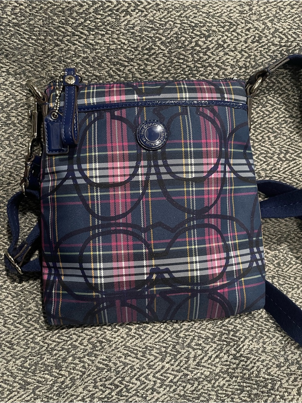 Coach Navy Tartan Plaid Poppy Crossbody with Pink and Yellow Accents